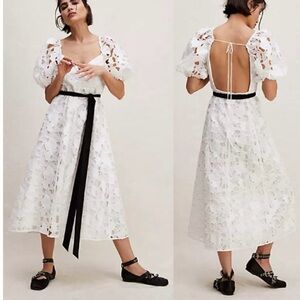 For Love and Lemons White Laser-Cut Lace Midi Dress with front slitWedding Vibes